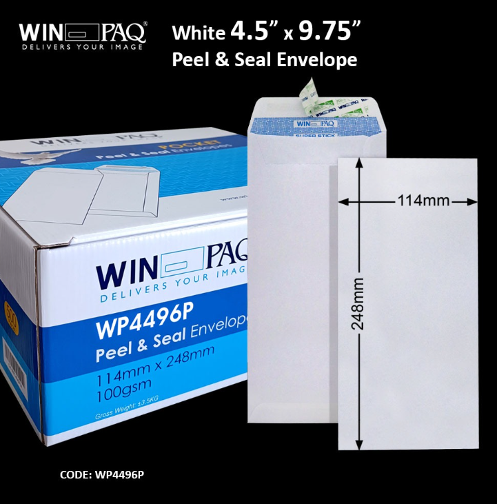 WINPAQ 4.5"X9.75" WINPAQ 100GM WHITE OPAQUE P&S POCKET ENVELOPE (500'S/BOX)