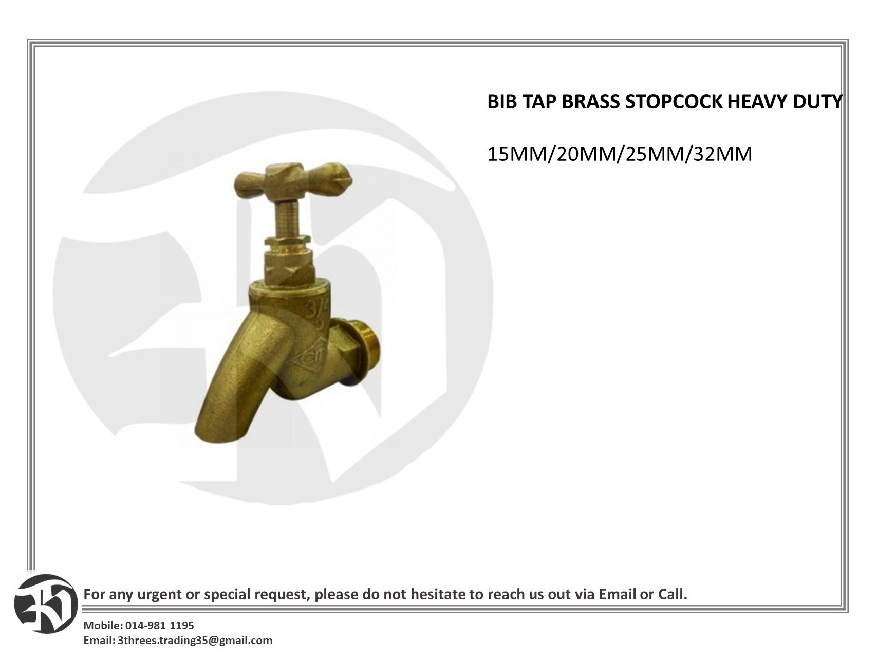 BIB TAP BRASS STOPCOCK HEAVY DUTY 15MM/20MM/25MM/32MM