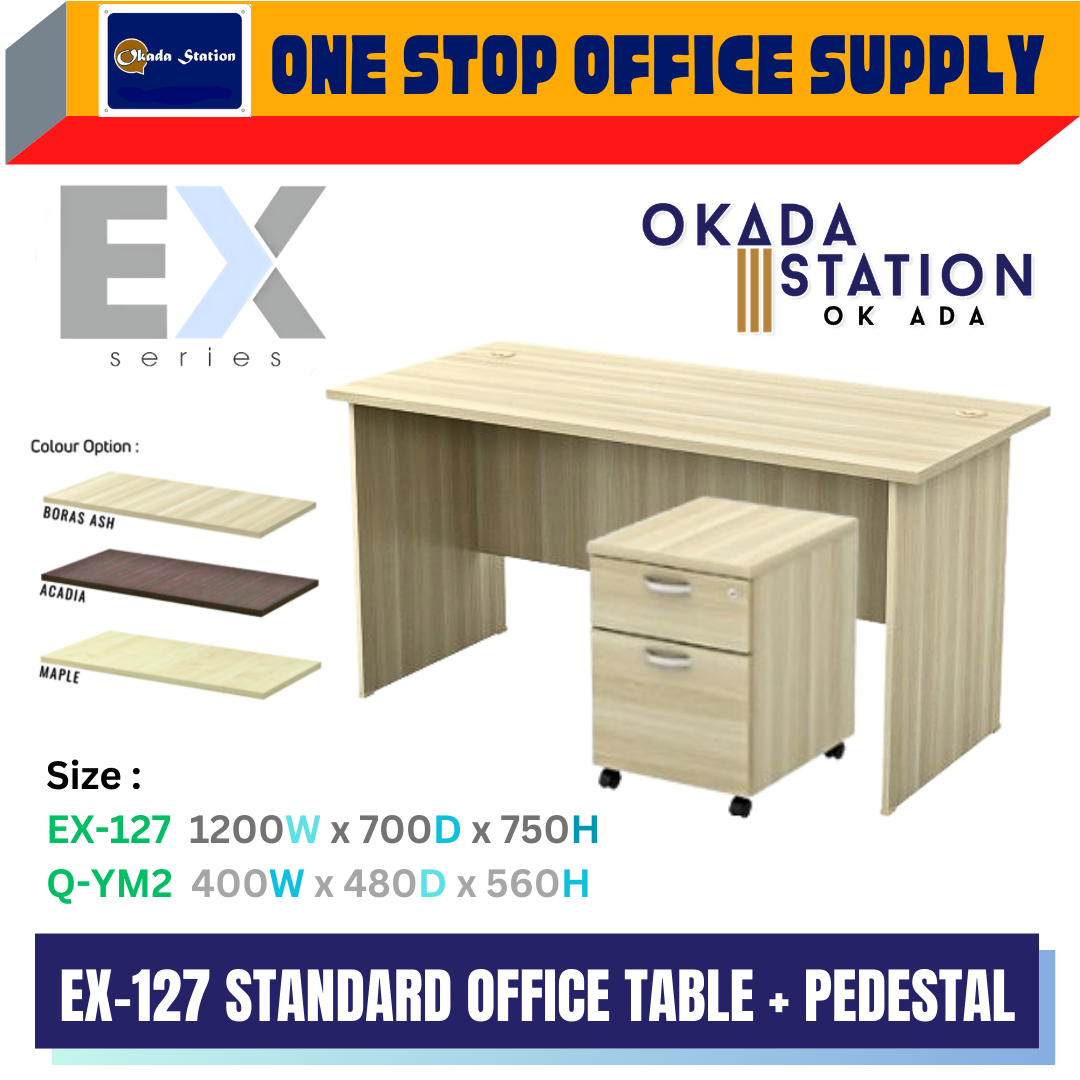OKADA Standrad Office Table With Mobile Pedestal - All Size / Office Table / Office Standard Table / Office Desk / Meja Kayu / EX Series / EXT 127 / EXT 157 / EXT 187 / EXT 188 / Q-YM2