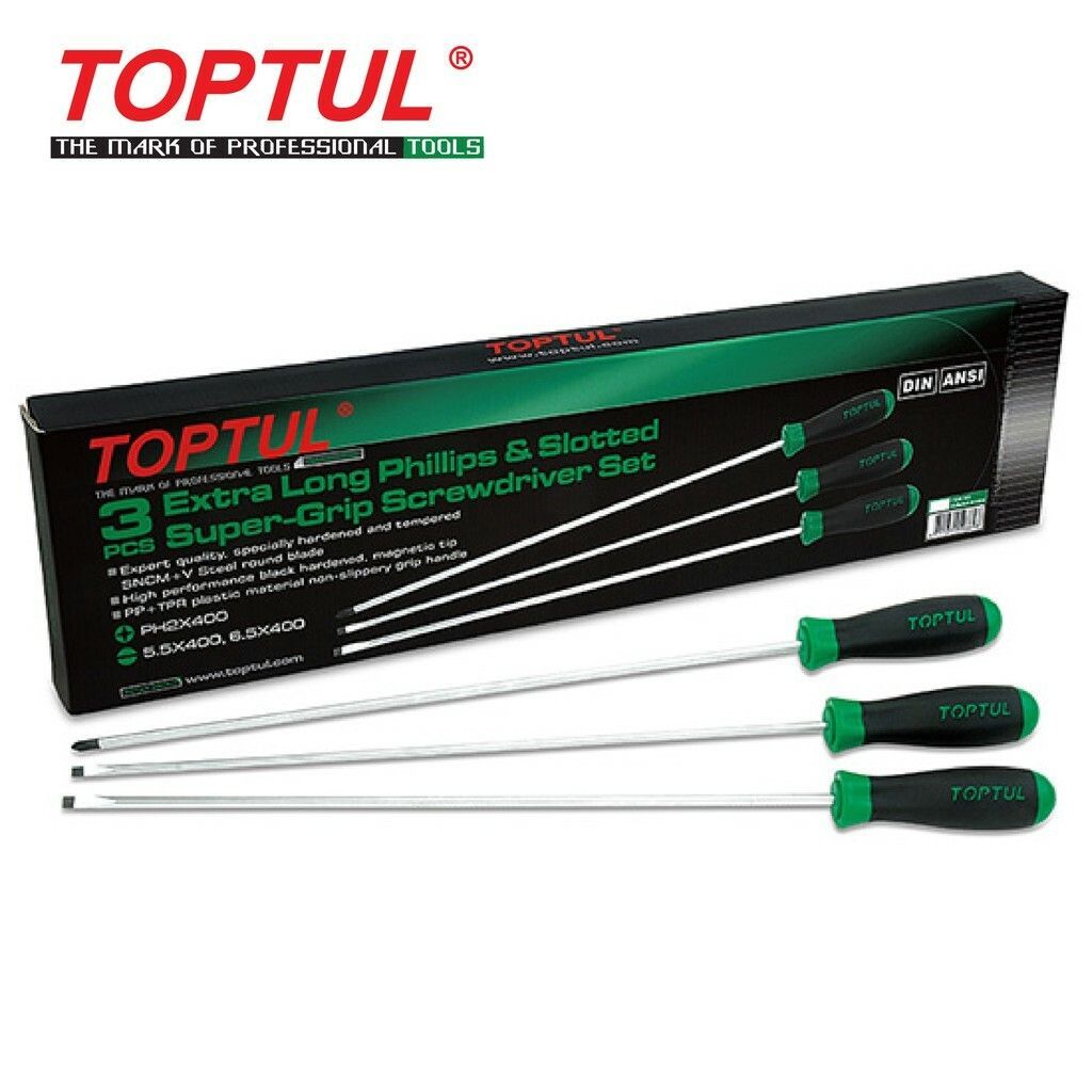 TOPTUL 3PCS EXTRA LONG SLOTTED & PHILLIPS SUPER-GRIP SCREWDRIVER SET GAAE0306