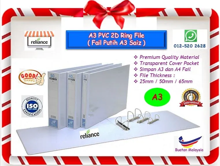 A3 2D Ring File (White) / 2D Ring File Putih - A3 Saiz / Plastic File / Document File / Fail Puteh A3 # Thickness : 25mm / 50mm / 65mm # East-File # Buatan Malaysia # RS1898 ( KTT : 1 Unit )