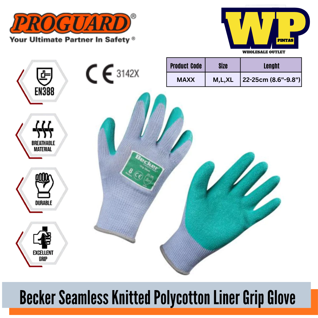 PROGUARD -BECKER SEAMLESS KNITTED POLYCOTTON LINER MAX GRIP RUBBER COATING GLOVE- ALL SIZE / BEACKER GRIP GLOVE / GENERAL GLOVE / WAREHOUSE GLOVE / CONSTRUCTION WORK GLOVE / POLY-COTTON & RUBBER GLOVE / HAND PROTECTION / GLOVE / MAXX