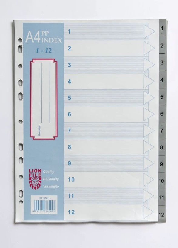 LIONFILE A4 12 TAB INDEX DIVIDERS 0.13MM PP NUMBERED