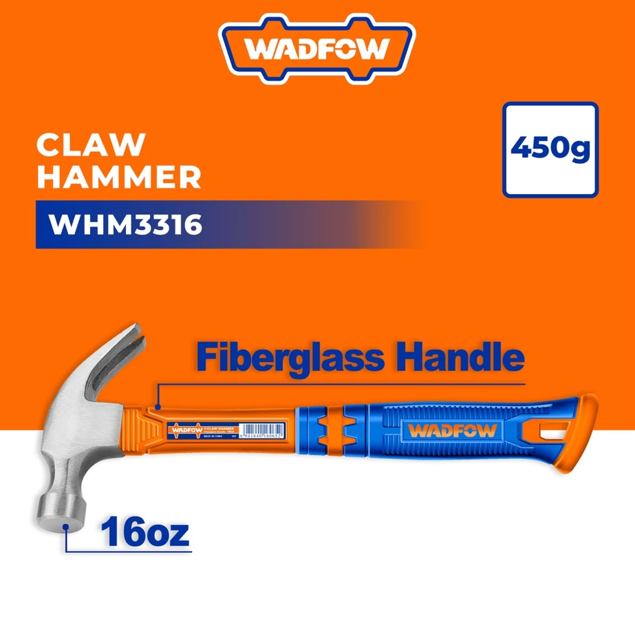 WADFOW CLAW HAMMER FIBERGLASS HANDLE & DROP FORGED CARBON STEEL HEAD (450G) (WHM3316)