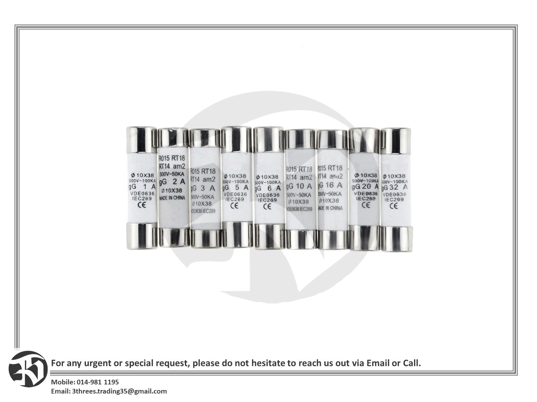 Fast Blow Ceramic Fuse 10x38mm 500V (1A-32A) - 10pcs