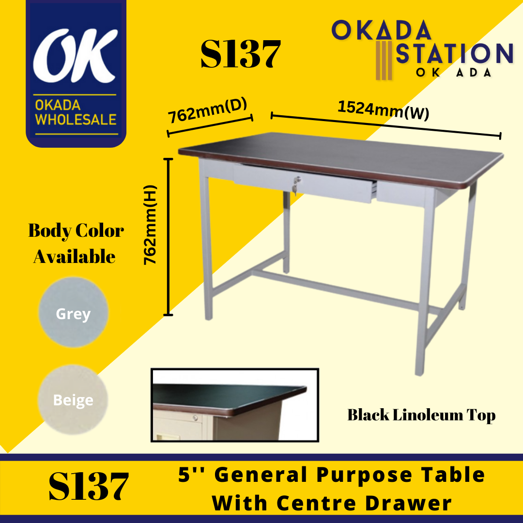 S137 5'' General Purpose Table With Centre Drawer (Black Linoleum Top) / General Purpose Table / General Purpose / Steel Table / Table / Table With Centre Drawer