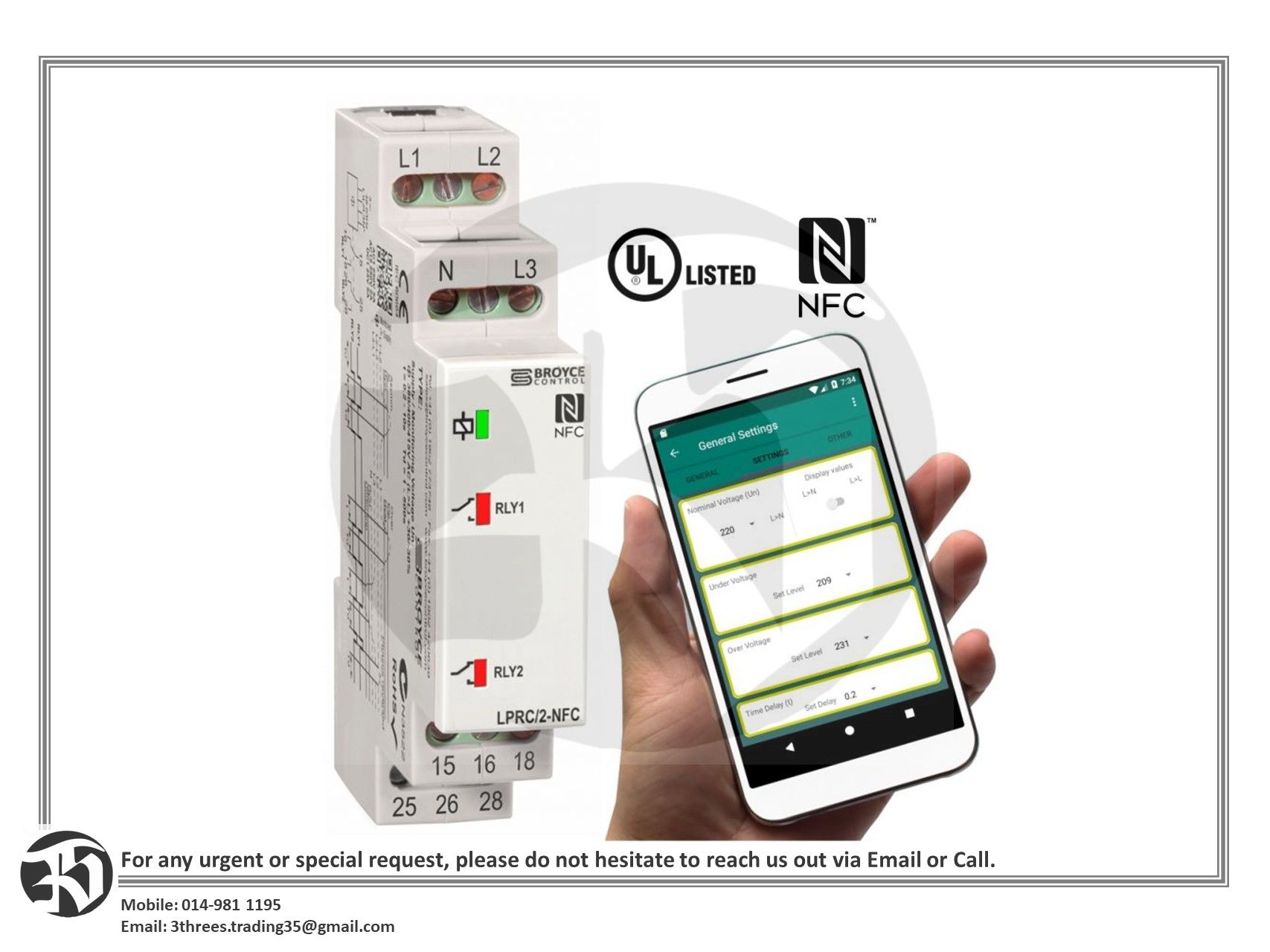 Broyce Control 3 Phase Voltage Monitoring Relay LPRC/2-NFC (Alternative for 45PUVR-4W)