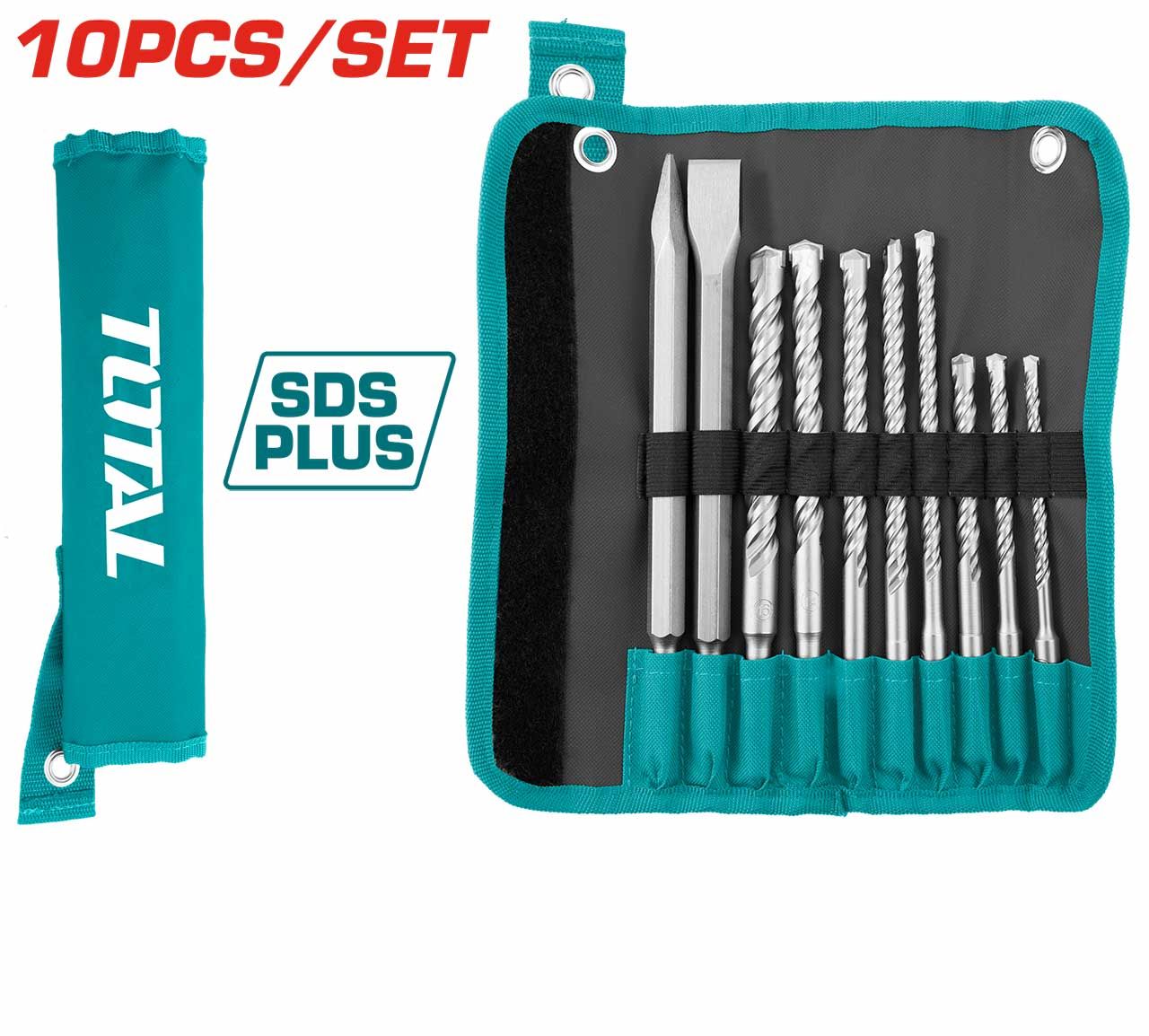 TOTAL 10 PCS HAMMER DRILL BITS & CHISELS SET HAMMER: 6MM - 16MM + FLAT CHISEL: 20MM + POINTED CHISEL SDS+ - TACSD19101