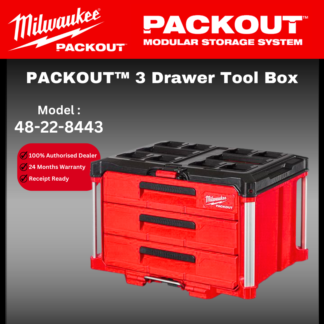 Milwaukee Packout 3 Drawer Tool Box / 48-22-8443 / Bekas Simpanan / Tool Box / Storage Box