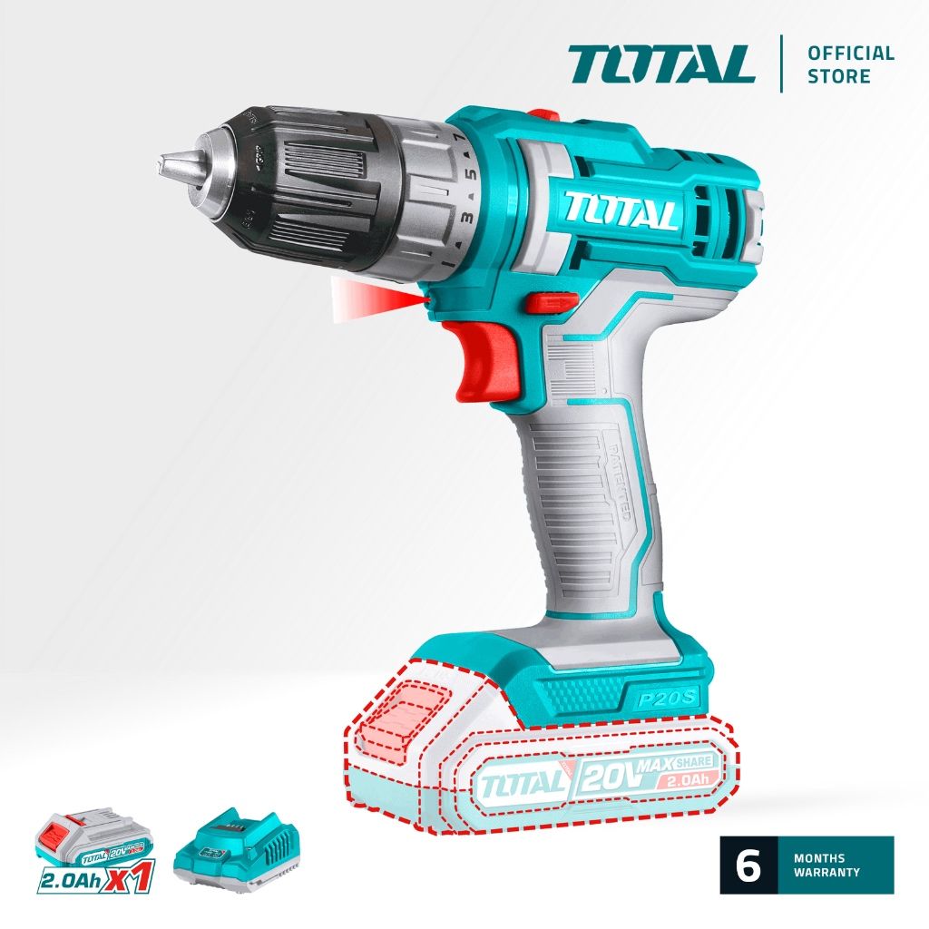 TOTAL LI-ION CORDLESS DRILL (45NM/10MM/20V) WITH SPINDLE LOCK + 2.0AH BATTERY + CHARGER P20S TDLI200518