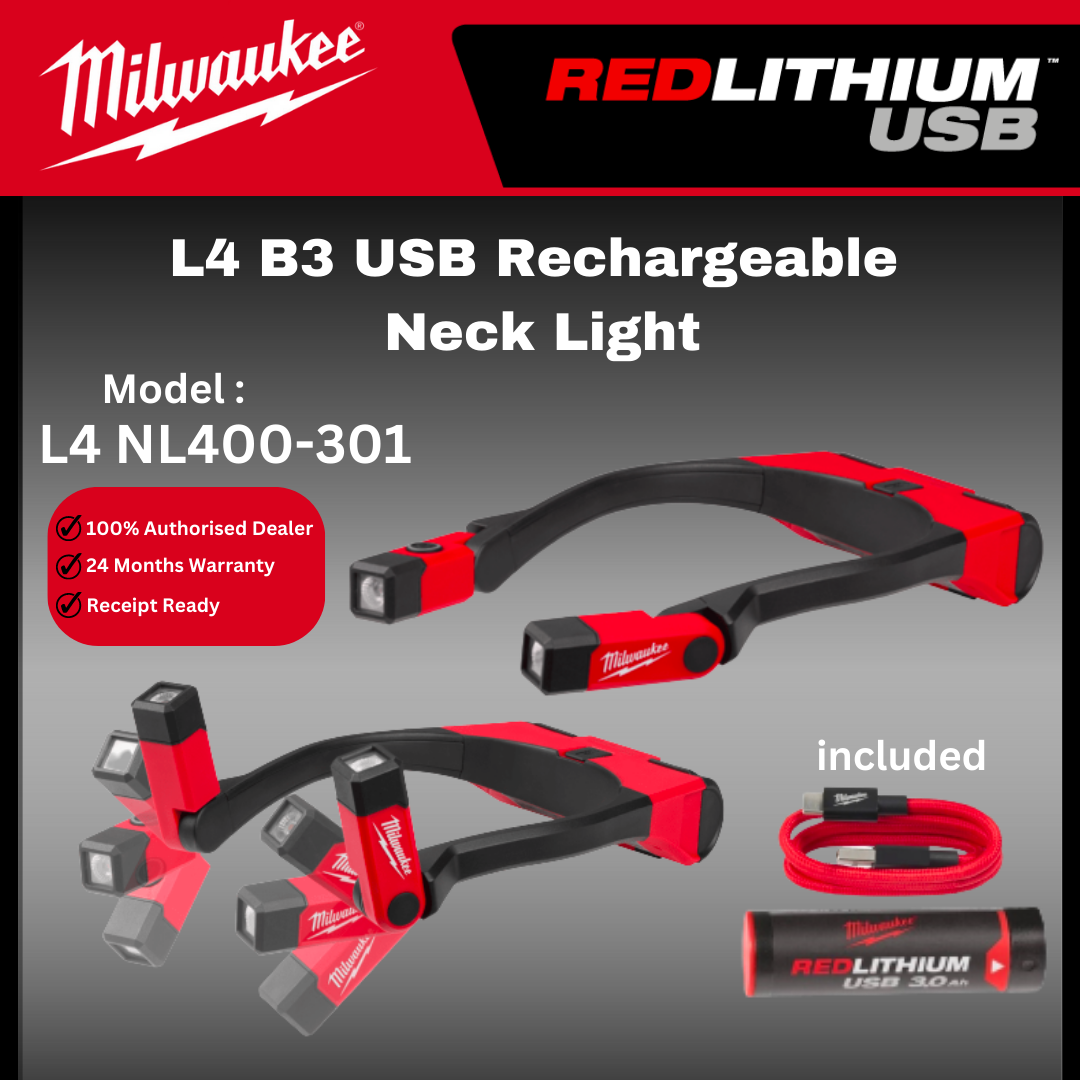 Milwaukee L4 USB Rechargeable Neck Light 400 Lumen / L4 NL400 / Safety Light / Torch Light / Working Light / Work Light / Lampu Kerja / Milwaukee Light / Milwaukee Lampu