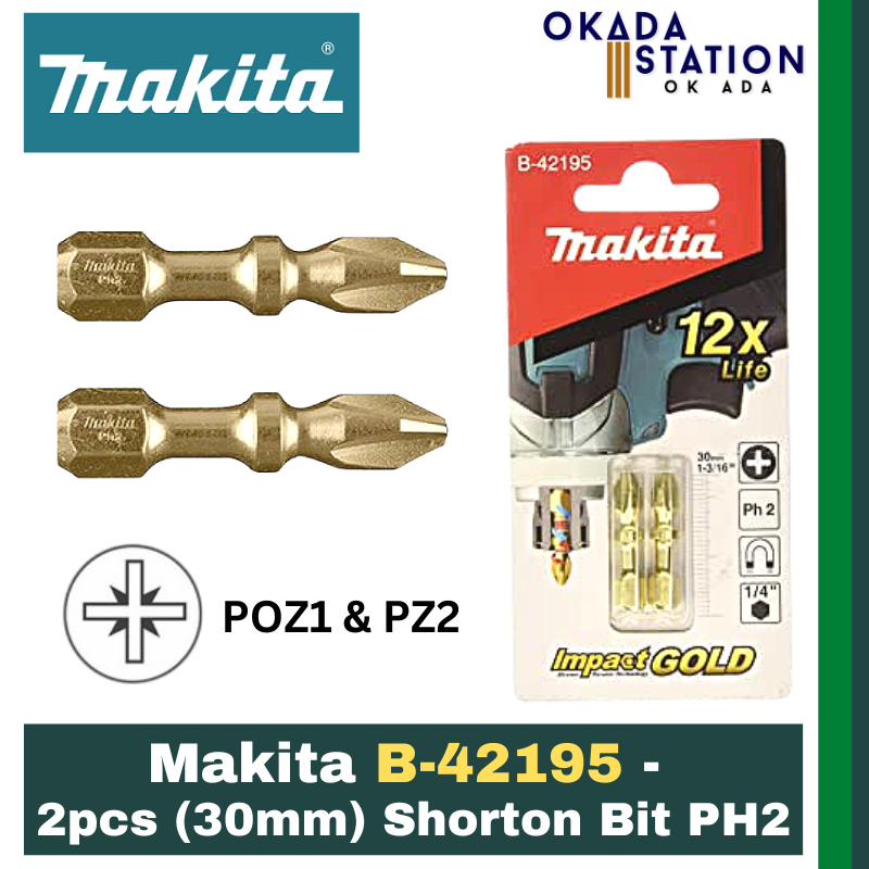 Makita B-42195 - 2pcs (30mm) Shorton Bit PH2 / PH2 Shorton Bit / 2pcs Screwdriver Bit / Philip / Screwdriver Bit / PH2 / Shorton Bit