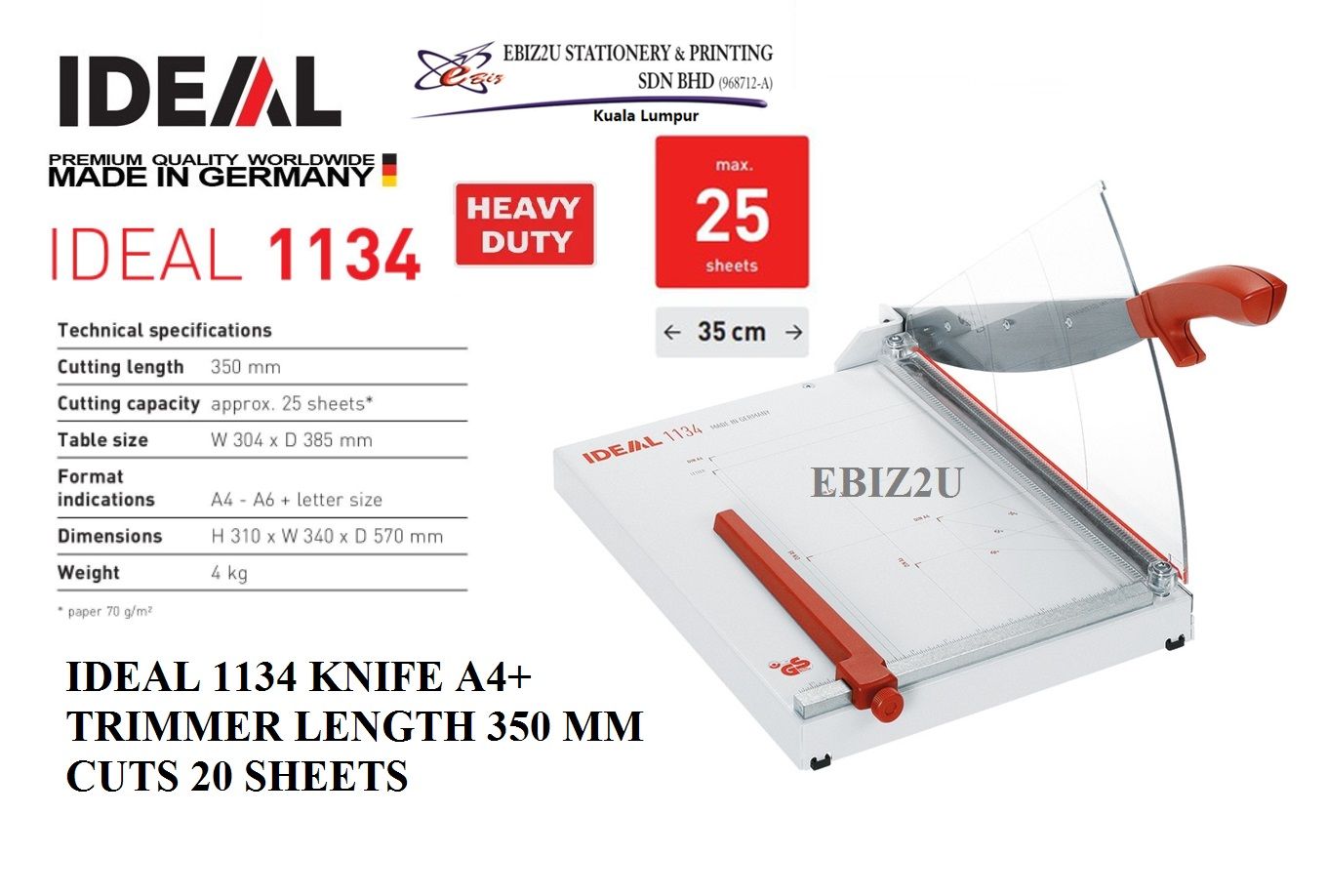 IDEAL 1134 KNIFE A4+ TRIMMER LENGTH 350 MM CUTS 20 SHEETS - (Pemotong Kertas, Paper Cutter, Paper Cutter, Paper Trimmer, Heavy Duty Cutter, A4 paper cutter, paper cutter)