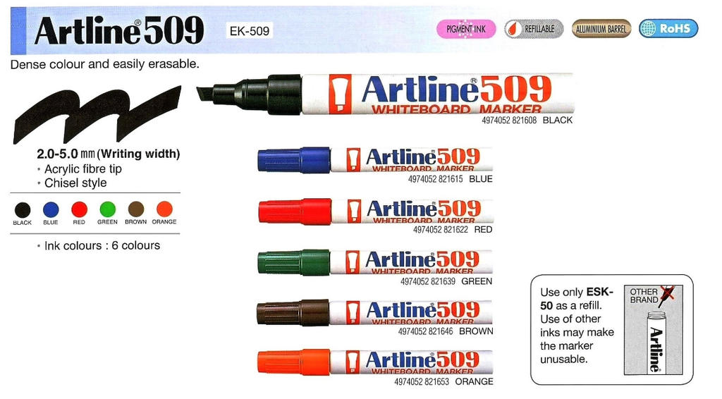 Artline 509A Whiteboard Marker RTSB ( ,BLACK,BLUE,RED,GREEN,ORANGE, )