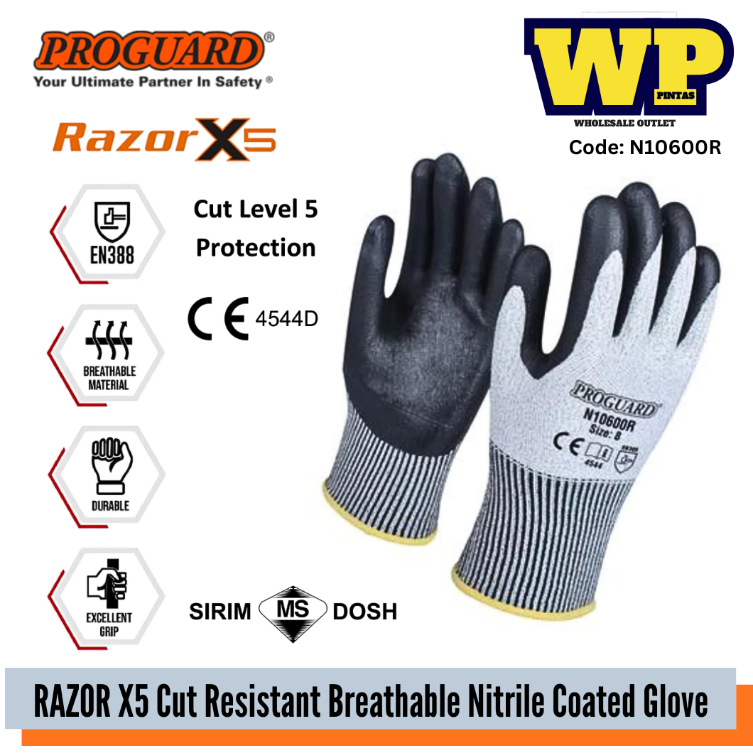 PROGUARD - RAZOR X5 ANTI-SLIP BREATHABLE NITRILE COATED GLOVES(SIRIM & DOSH) / 13 GAUGE RAZOR X5 LINER GLOVE / GENERAL GLOVES / CUT RESISTANT GLOVE / NITRILE GLOVE / STEEL INDUSTRY GLOVE / HAND PROTECTION / GLOVE / N10600R