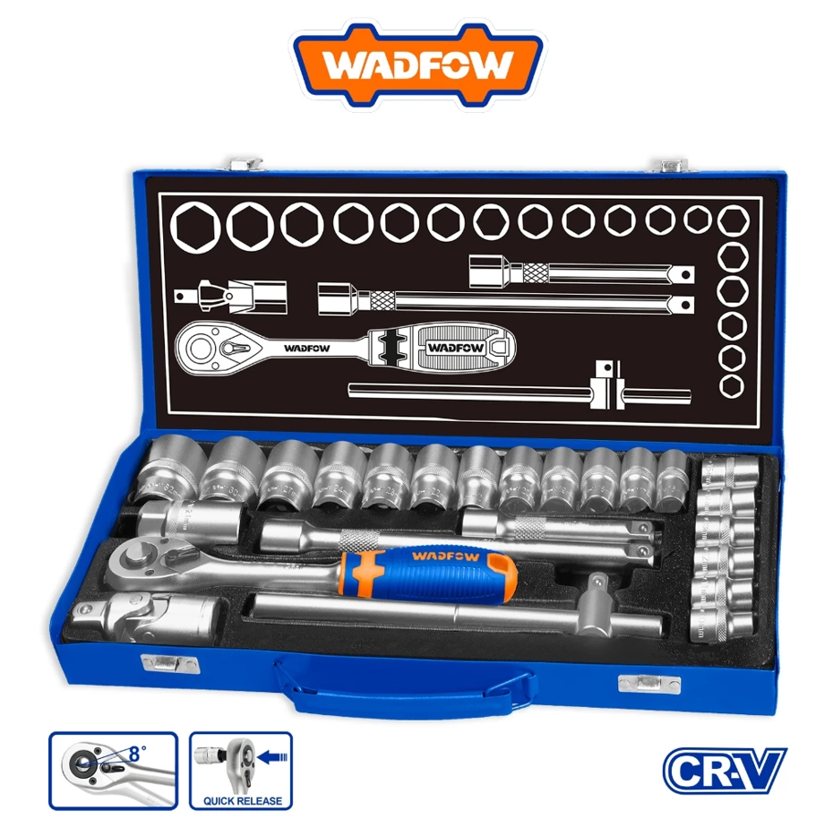 WADFOW 24 PCS 1/2" SOCKET SET SIZE: 10MM - 32MM + EXTENSION BAR + SLIDING T-BAR + SPARK PLUG + RATCHET HANDLE (WST2L24)