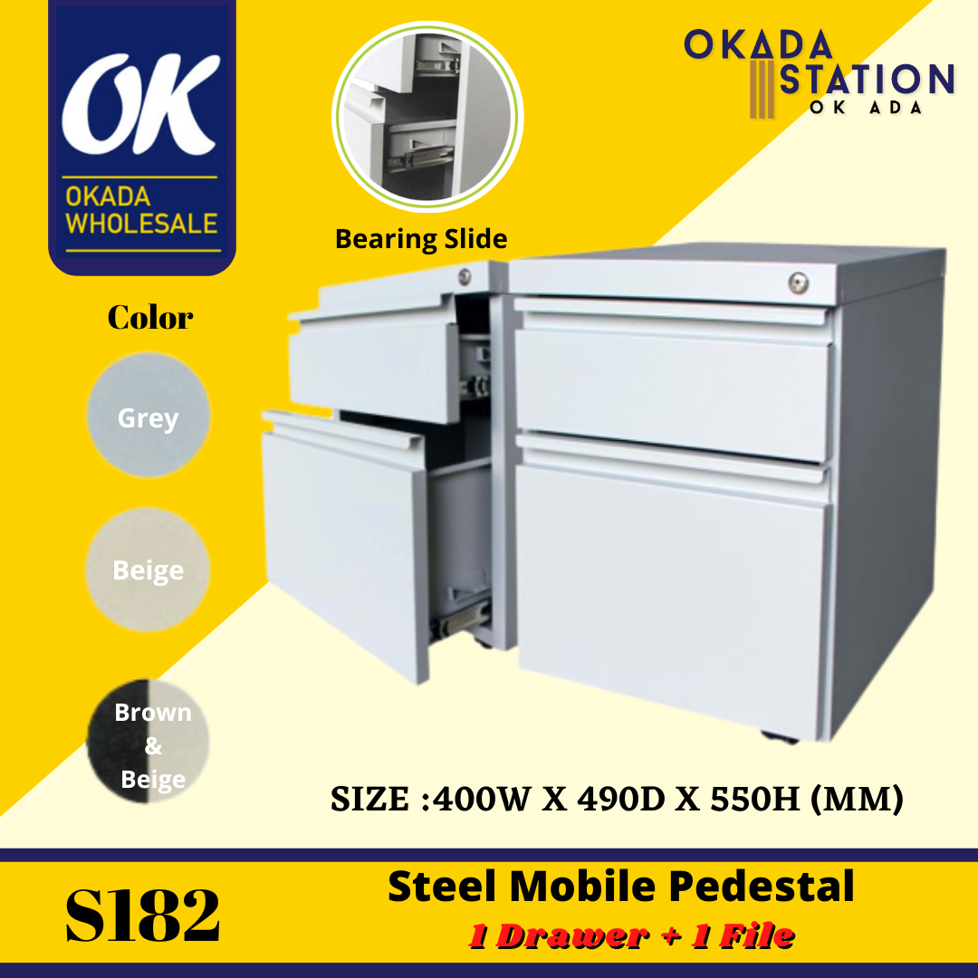 Steel Mobile Pedestal With Ball Bearing Slide S182 Steel Mobile Pedestal With Ball Bearing Slide ( -1 Drawer + 1 File ) / Metal Mobile Pedestal / Mobile Pedestal / Cabinet / Metal Cabinet / Steel Drawer / Metal Drawer / Drawer