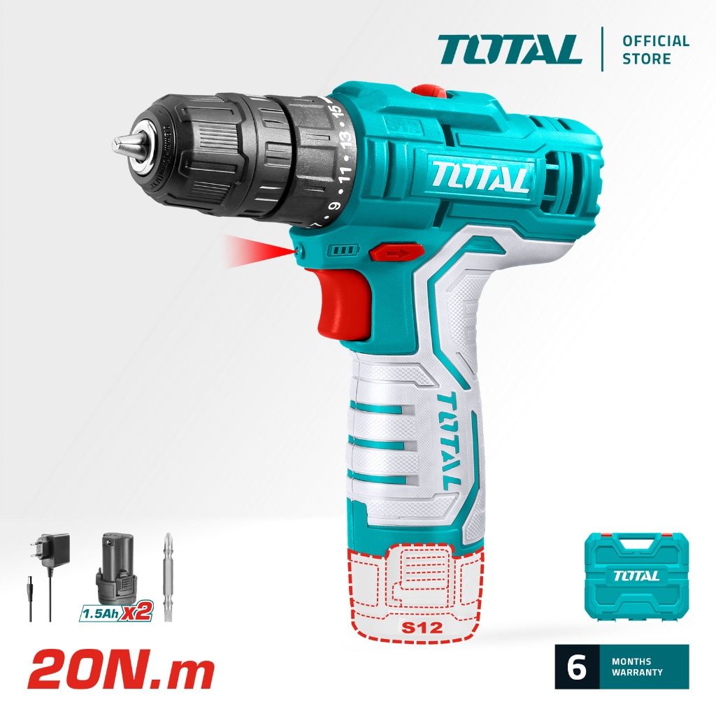 TOTAL LI-ION CORDLESS DRILL (12V/20NM/10MM) WITH 2 SPEED GEAR + 1.5AH BATTERY (2 PCS) + CHARGER + CASE S12 TDLI12208