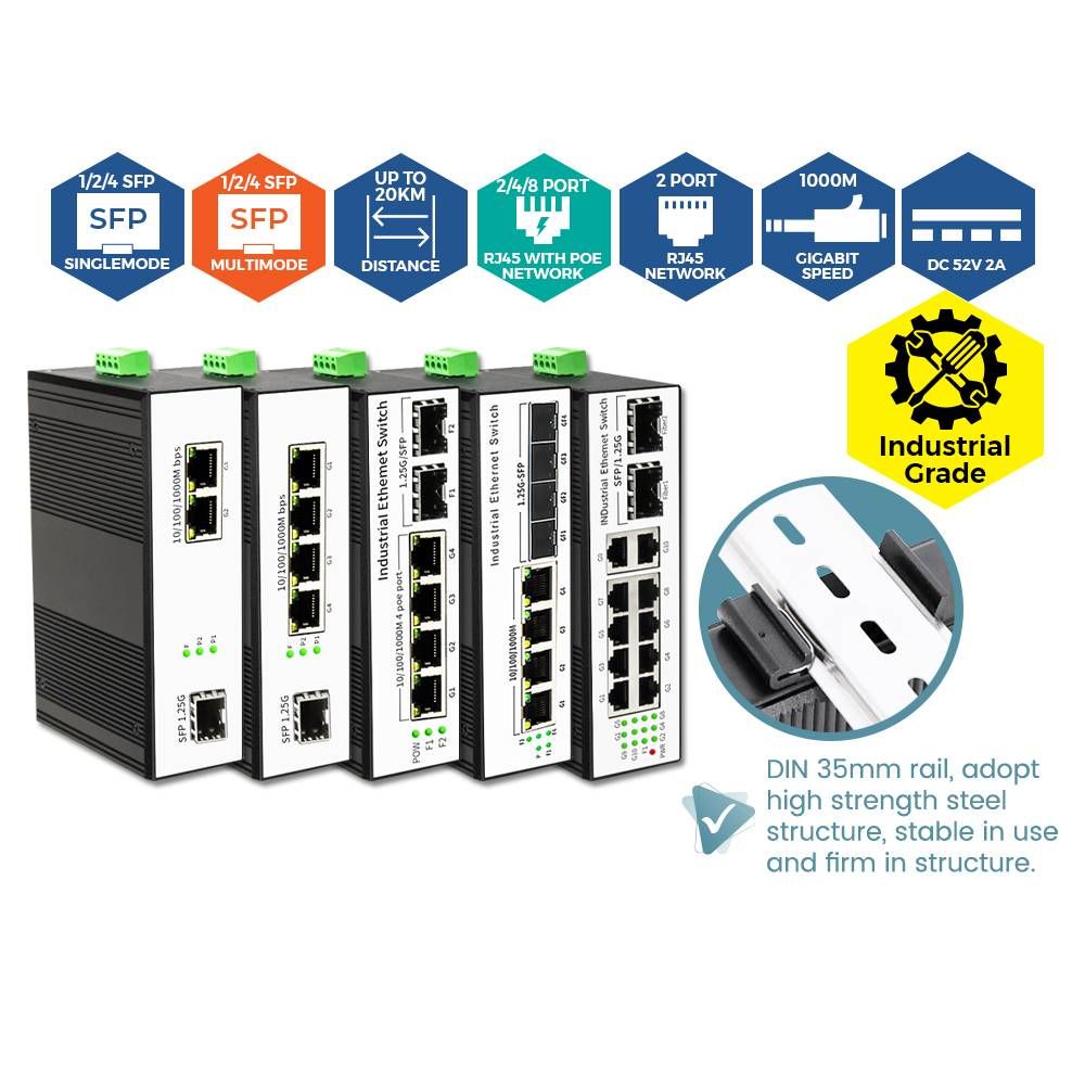 1 / 2 / 4 PORT FIBER 1.25G SFP + 2 / 4 / 8+2 GIGABIT RJ45 POE NETWORK MEDIA CONVERTER INDUSTRIAL GRADE