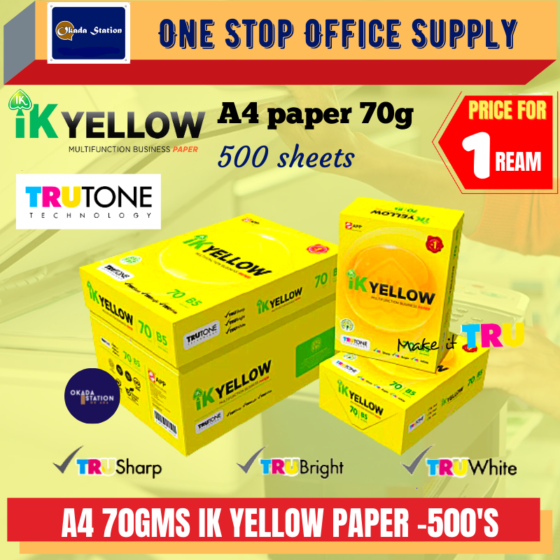 A4 70GMS IK YELLOW PAPER- 500 SHEET / IK YELLOW / INDAH KIAT / A4 PAPER / 70G / 500SHEETS / WHITE PAPER / PHOTOSTAT PAPER