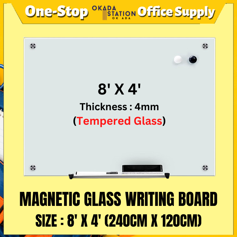 MAGNETIC GLASS BOARD MGB-48 MAGNETIC GLASS BOARD 4' X 8' / GLASS WRITING PANEL / TEMPERED GLASS BOARD / TEMPERED GLASS PANEL / GLASS WRTING BOARD / MAGNETIC GLASS WRITING BOARD / GLASS BOARD