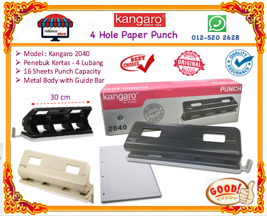 Kangaro Paper Punch - 4 Hole / Penebuk Kertas - 4 Lubang # 16 Helaian # Metal Body With Adjustable Guide Bar # Kangaro 2040 # RS1308 ( KTT : 1 Unit )