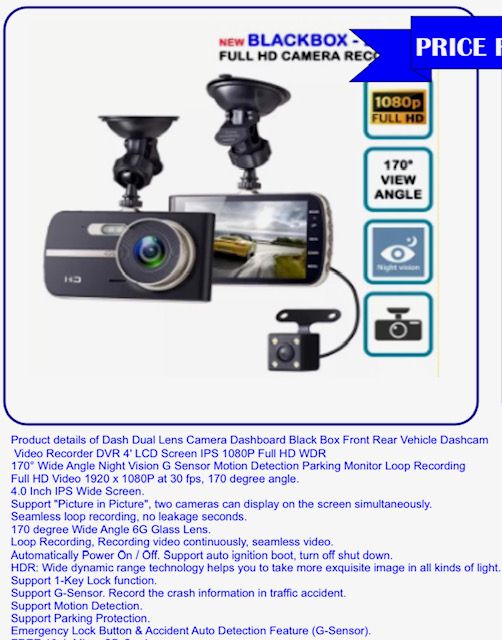 QS Dashcam Video Recorder DVR 4' LCD Screen (Support 64GB Memory Card Only)