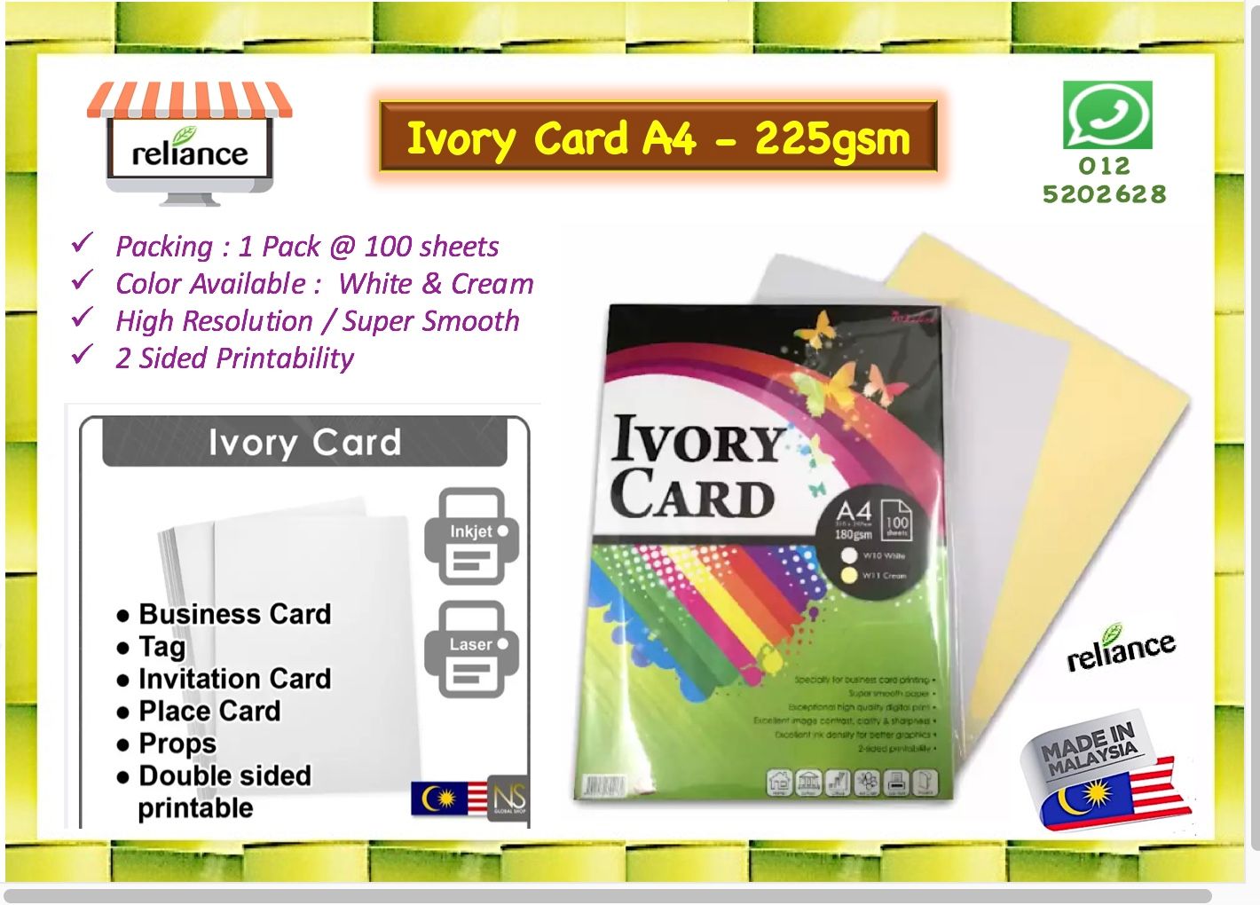 Wales IVORY CARD A4 (225 gsm) / A4 Kad Ivory # Kad Warna : Putih & Kuning # High Resolution # 2 Sided Printability # For Laserjet & Inkjet Printer # RS1702 ( KTT : 1 Paket @ 100 Keping )