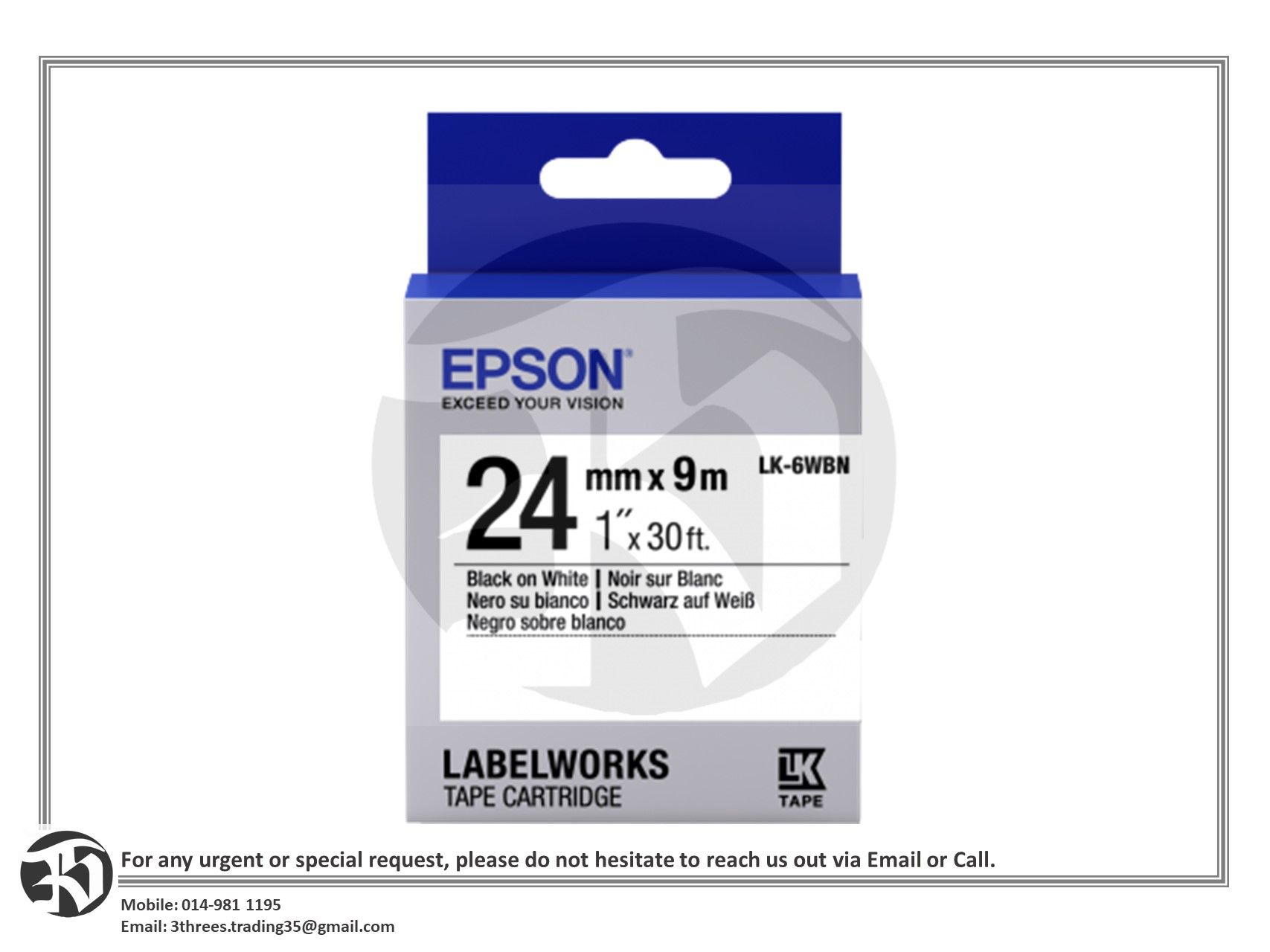 Epson LK-6WBN LabelWorks Tape Cartridge 24mm Black on White Tape