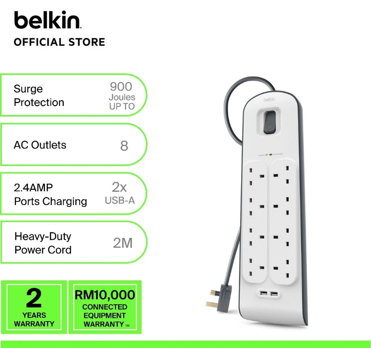 Belkin BSV804sa2M 2.4 Amp USB Charging 8-outlet Surge Protection Strip