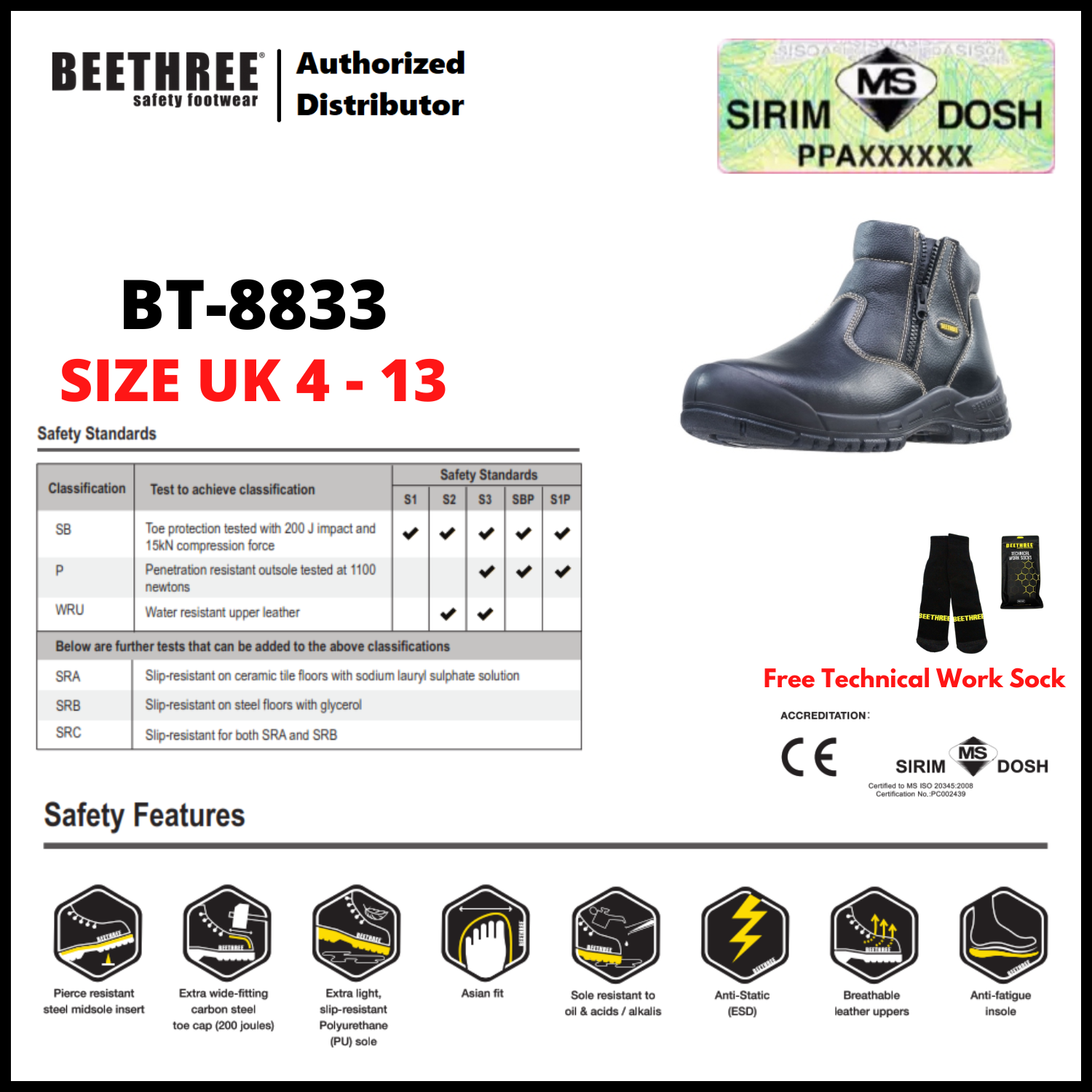 BEETHREE SAFETY FOOTWEAR BT-8833 5.5-inch Zip-Up Ankle Boots