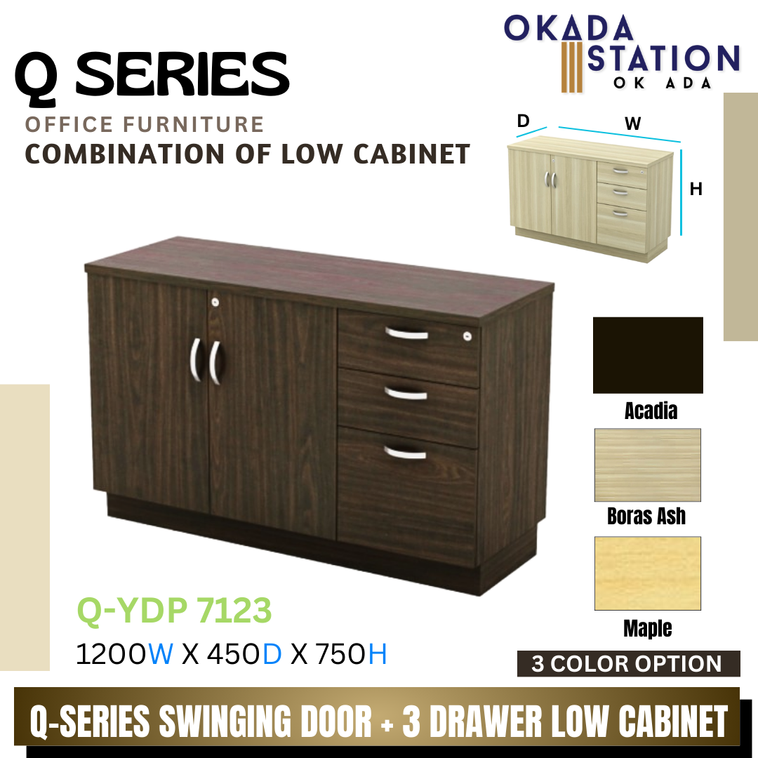 VS Q SERIES SWINGING DOOR + 3 DRAWER FIXED PEDESTAL COMBINATION LOW CABINET- (Q-YDP 7123) / Q SERIES / WOODEN COMBINATION LOW CABINET / COMBINATION LOW CABINET / LOW CABINET / SWINGING DOOR + FIXED PEDESTAL 2D1F / CABINET