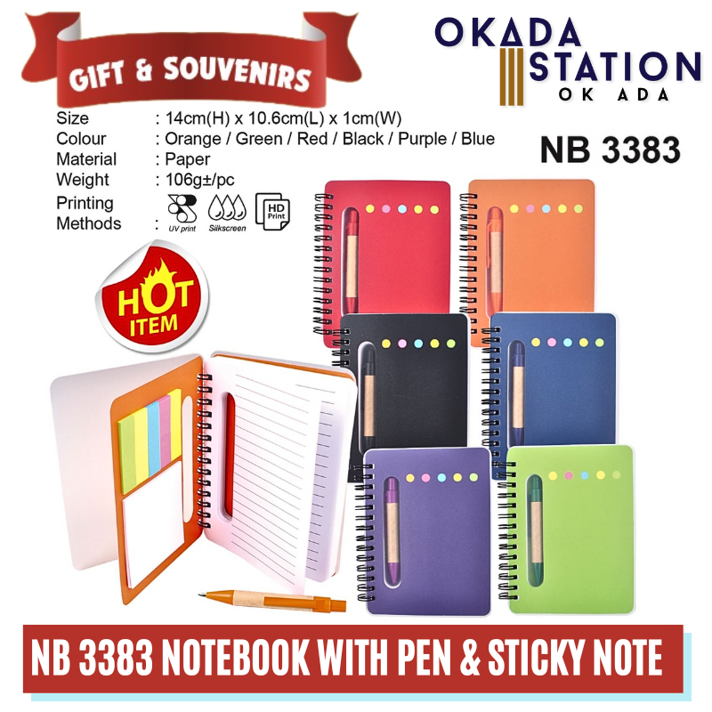 GIFT & SOUVENIRS: NB 3383 NOTEBOOK WITH PEN & STICKY NOTE - WITHOUT & WITH LOGO PRINTING / NB 3383 / NOTEBOOK SET / NOTEPAD WITH PEN & POST IT NOTE