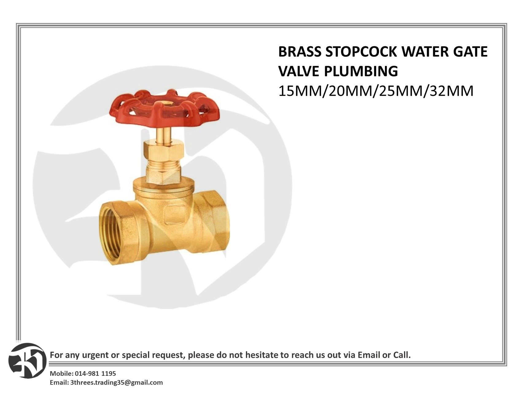 BRASS STOPCOCK WATER GATE VALVE PLUMBING