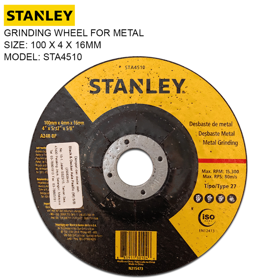 STANLEY GRINDER METAL GRINDING WHEEL STA4510 (100MM X 4MM X 16MM)