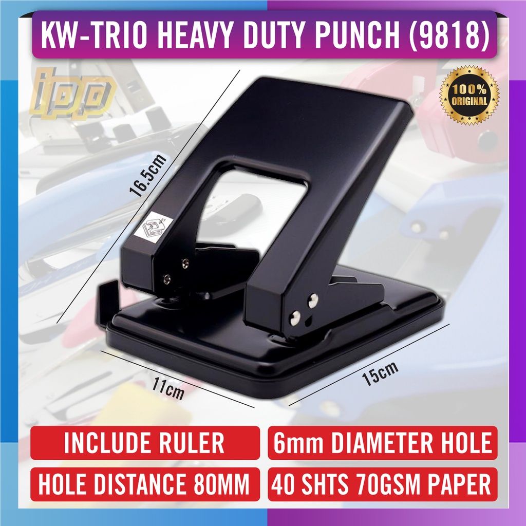 KW-TRIO Heavy Duty 2 Hole Puncher 40 Sheet Capacity / Quality Metal Puncher, Adjustable Ruler, Office Puncher