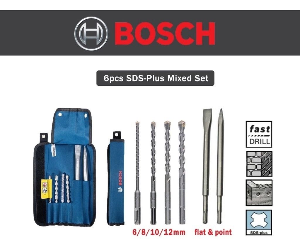 BOSCH 6pcs SDS-Plus Mixed Set Point Flat Chisel SDS Drill Bit With Soft Pouch