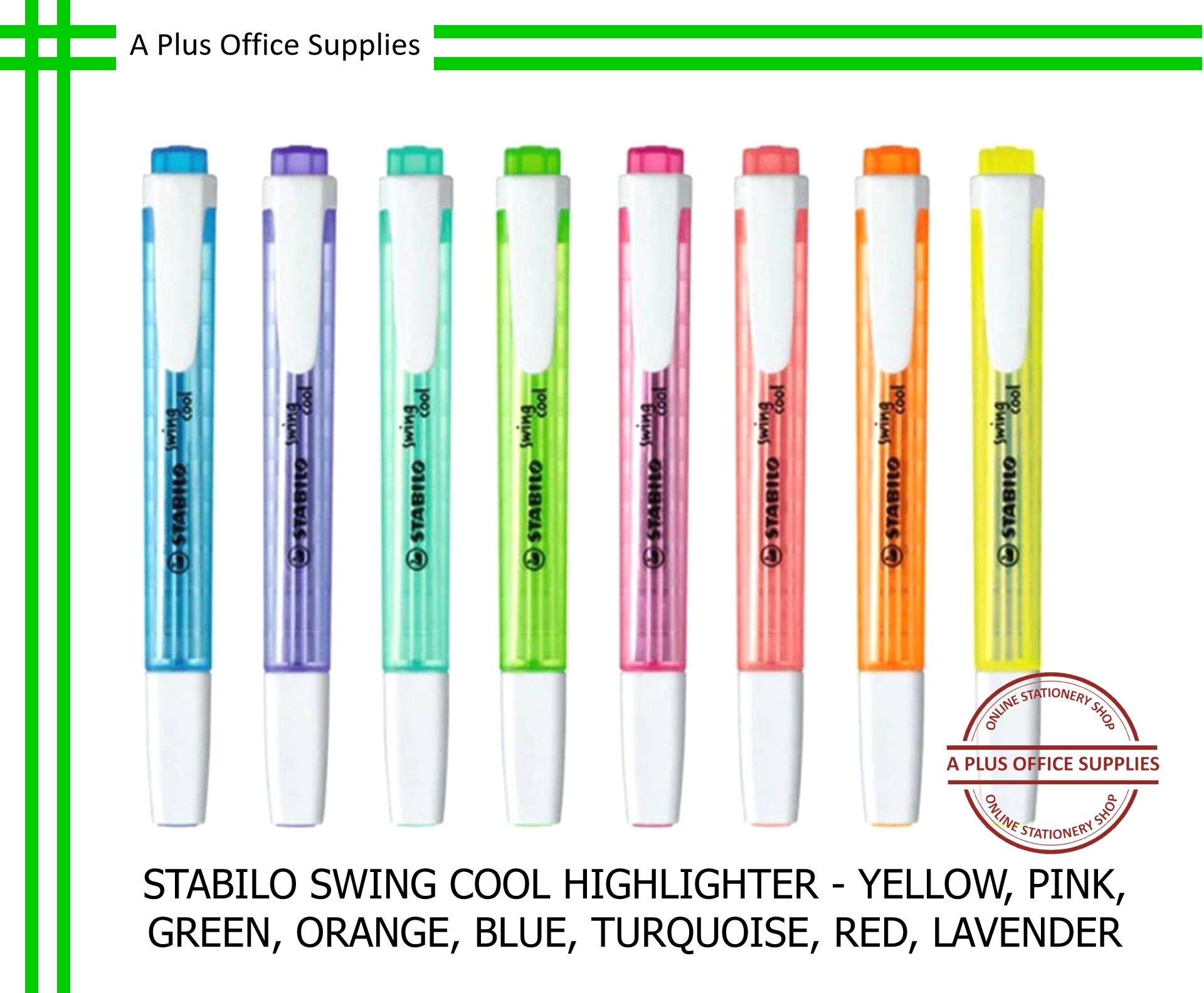 STABILO Swing Cool Highlighter - Yellow, Pink, Green, Orange, Blue, Turquoise, Red, Lavender