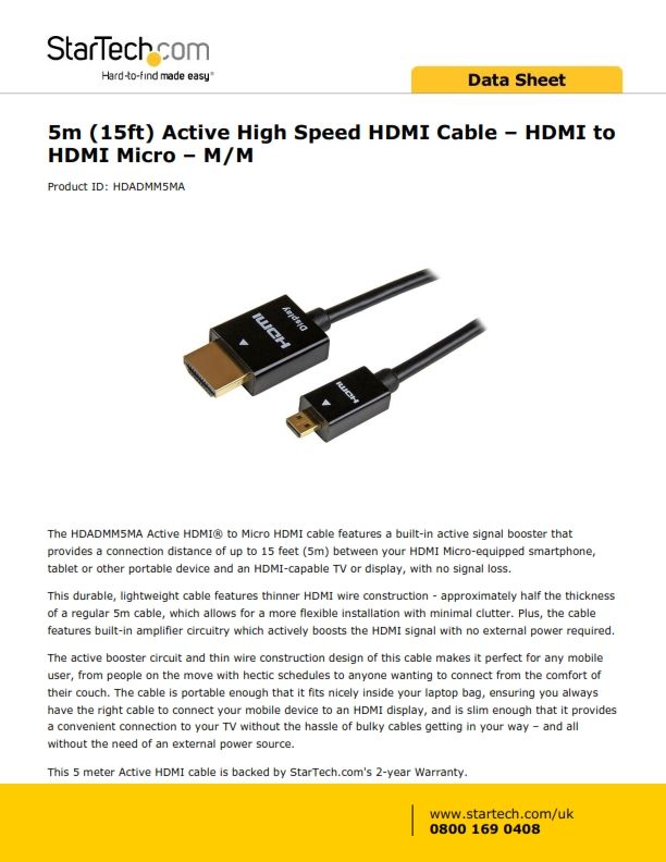 StarTech.com *StarTech.com 4K - HDMI to Micro HDMI Cable, Male to Male - 5m