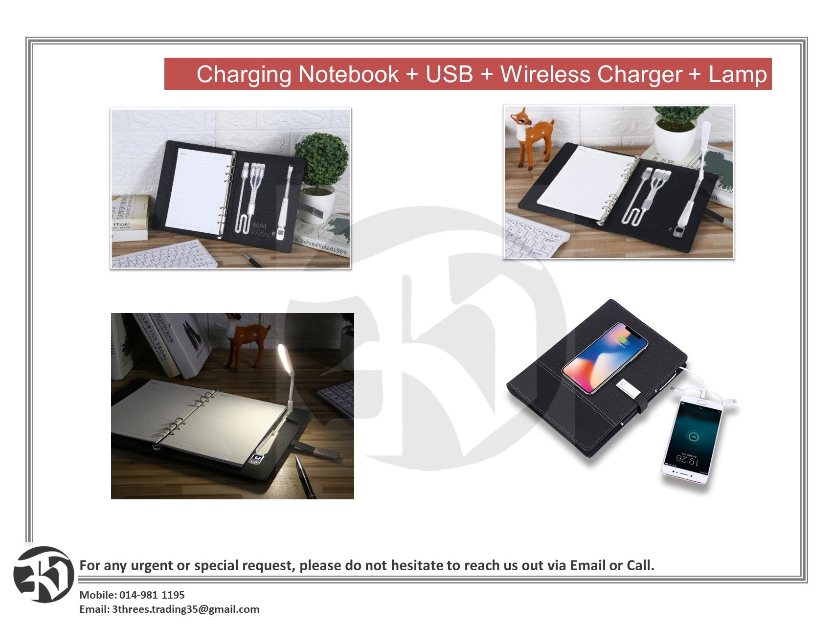 Charging Notebook (USB) Wireless Charger and Lamp