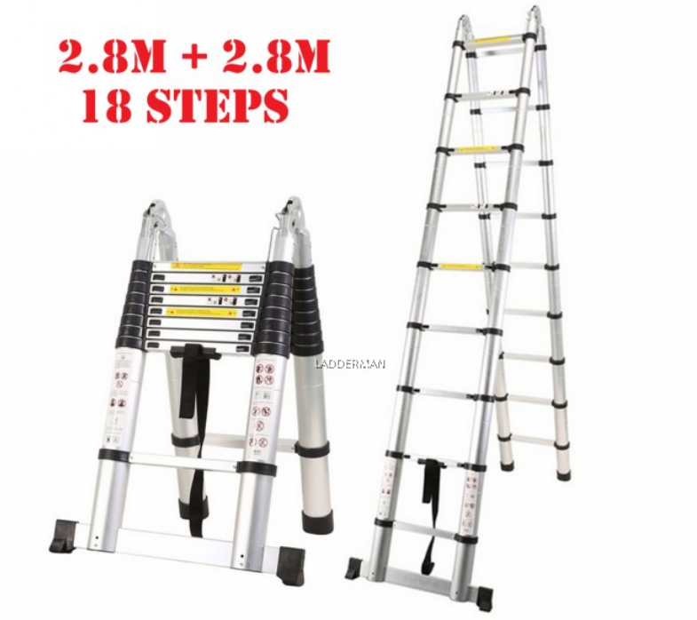 5.6M (2.8M+2.8M) DOUBLE-SIDED MULTIPURPOSE TELESCOPIC EXTENDABLE ALUMINIUM LADDER T2W28