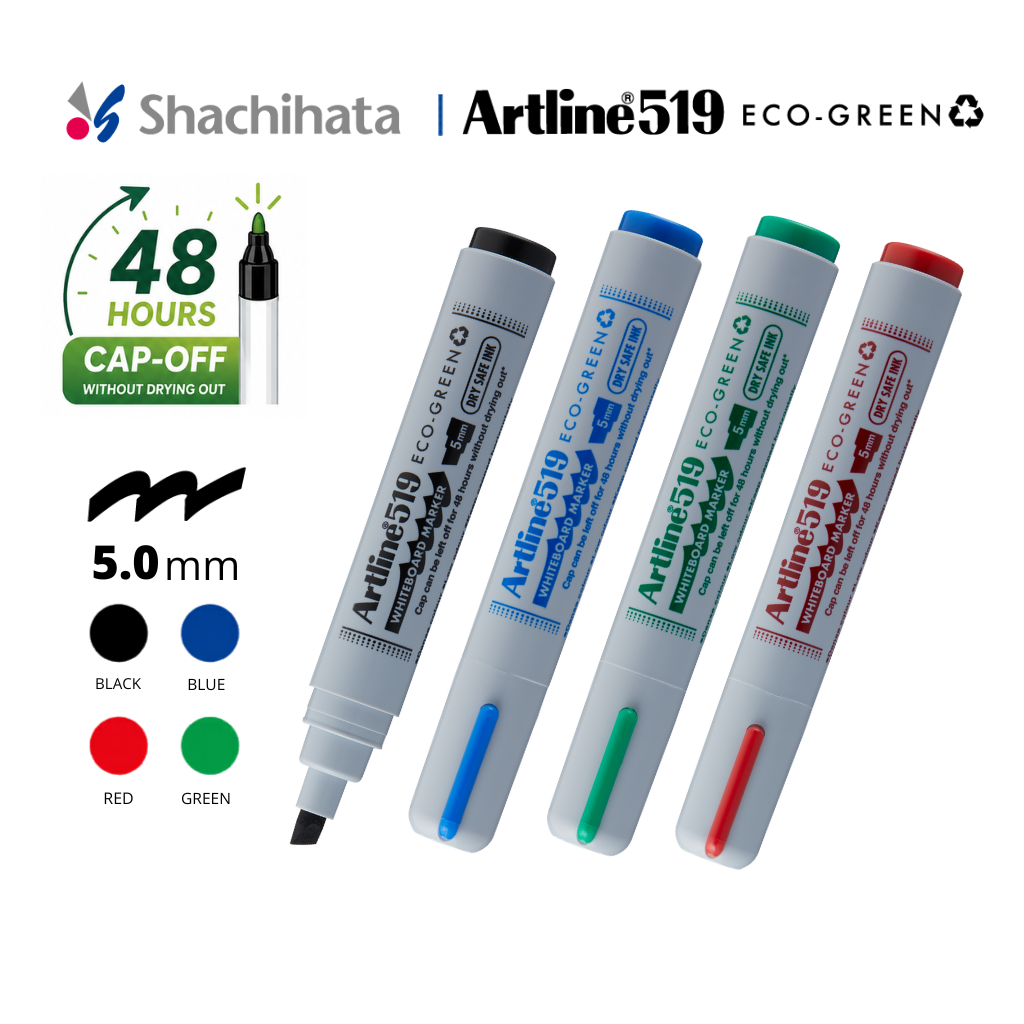 Artline 517 / 519 Eco-Green Dry Safe Whiteboard Marker Box Set (12pcs) - Medium Point 3.0mm - 5.0mm | 4 Colours | 48Hours Cap Off Dry Safe Ink  Black
