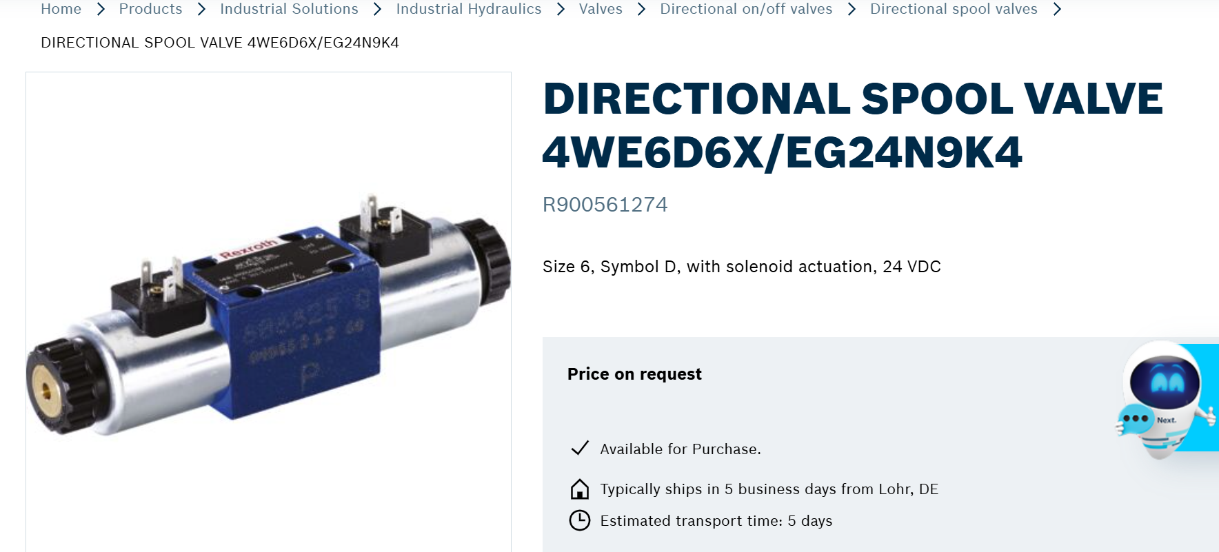 Rexroth Directional control valve 4WE-6-D62/EG24N9K4 P/N:R900561274