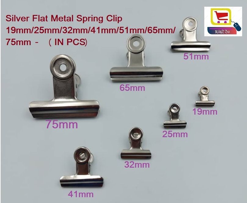 Silver Flat Metal Spring Clip 19mm/25mm/32mm/41mm/51mm/65mm/75mm Paper Clip Klip Kertas (in PCS)