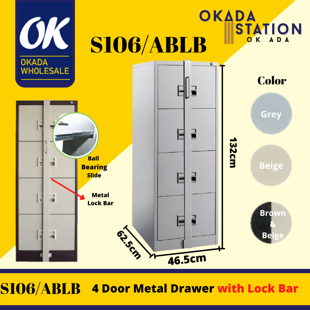 OKADA S106/ABLB 4 Drawer Filing Cabinet (With Recess Handle ,Ball Bearing Slide & Locking Bar) / Filing Cabinet / S106/ABLB / Almari Besi / Steel Drawer Cabinet / 4 Layer Metal Drawer / 4 Drawer Filing Cabinet / Metal Cabinet / Cabinet /4 Drawer