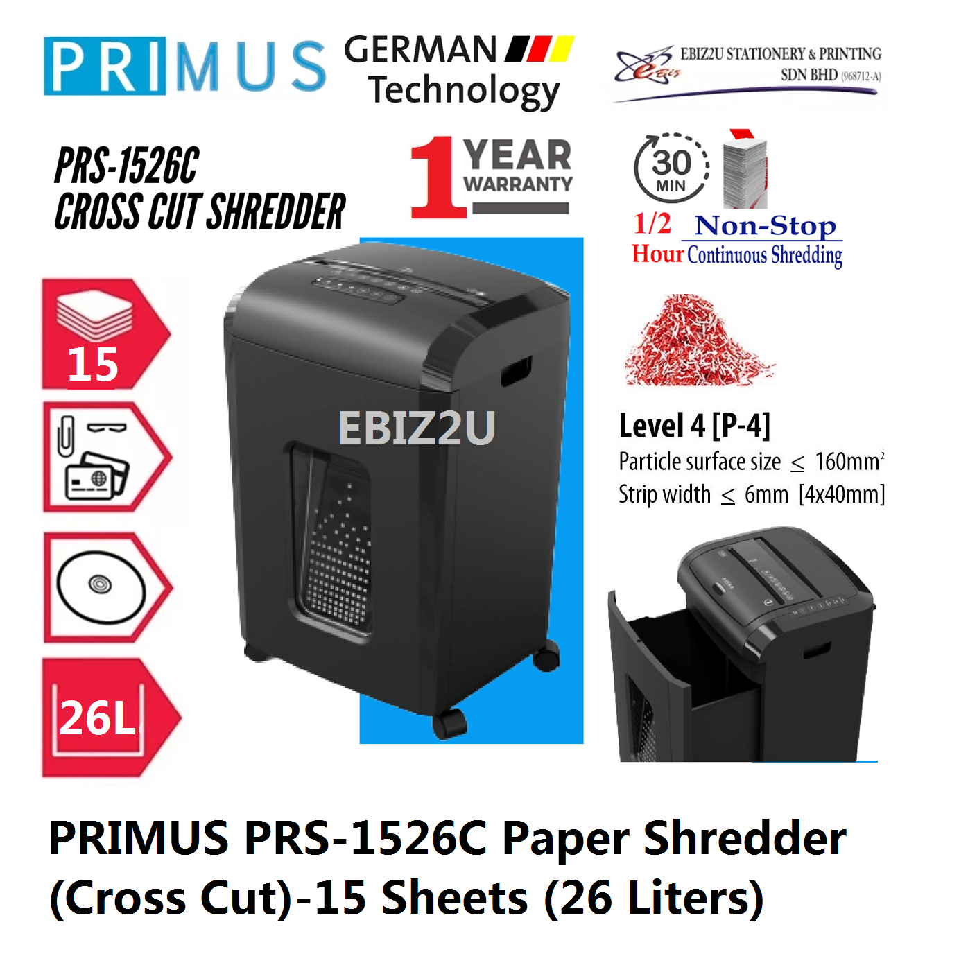 PRIMUS PRS-1526C Replce PRS-1830C Paper Shredder (Shred Capacity: 16 Sheets, Cross Cut: 4x40mm, Bin Capacity: 33 Liters)