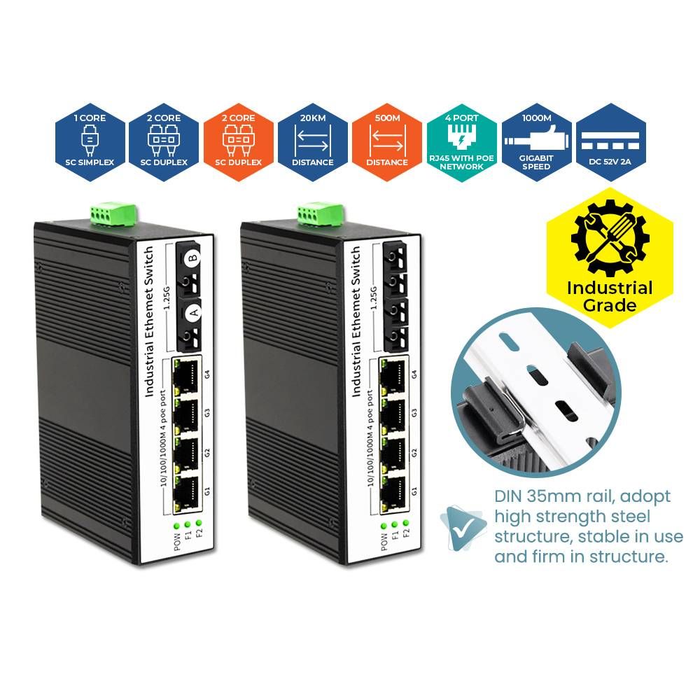 2 PORT FIBER SWITCH SINGLEMODE MULTIMODE + 4 PORT POE GIGABIT *INDUSTRIAL GRADE*