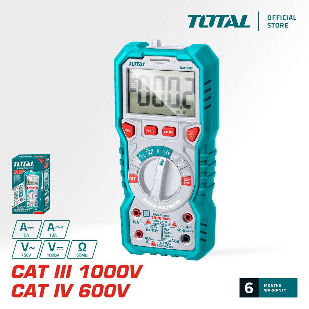 TOTAL DIGITAL MULTIMETER CATIII CATIV DISPLAY TRUE RMS 6000 COUNTS & NON-CONTACT NCV LIVE (1000V/600V) TMT47504