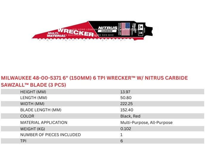 Milwaukee 6” (150mm) 6 TPI WRECKER™ w/ Nitrus Carbide SAWZALL™ Blade (3pcs) 48-00-5371