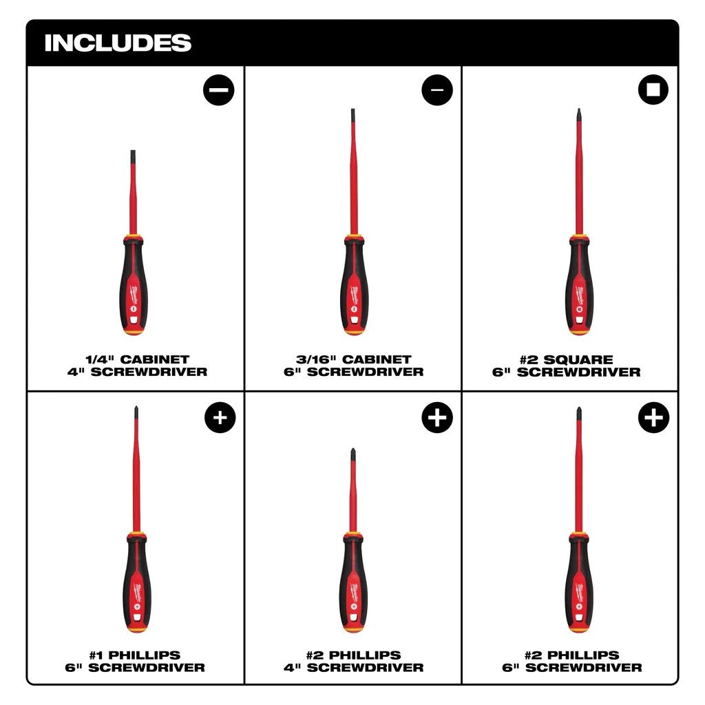 Milwaukee VDE Insulated Slim Tip Screwdriver Set / 6 Pcs 1000V Insulated Screwdriver Set / 48-22-2206
